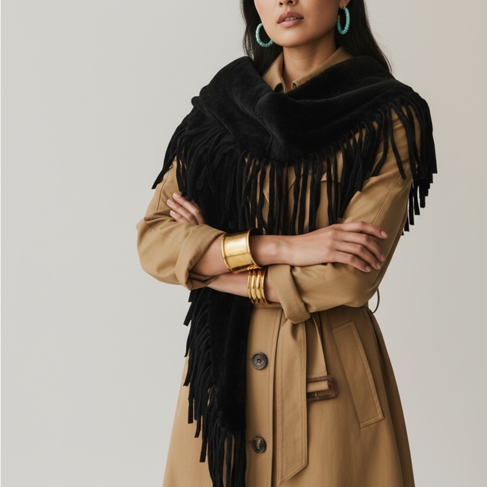 Burberry Black Fringe Shearling Scarf
